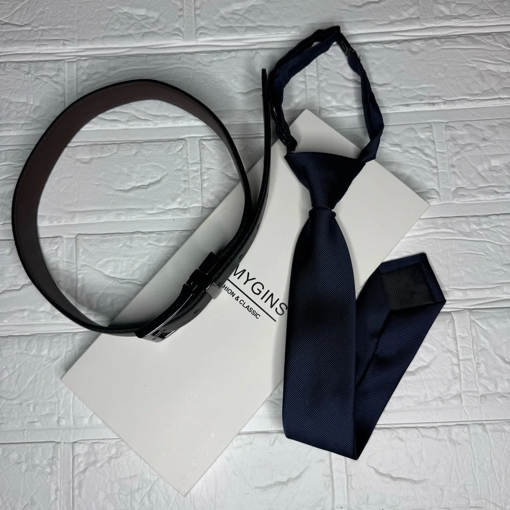Navy Blue Tie and Black/Brown Belt Set for Kids 8yo